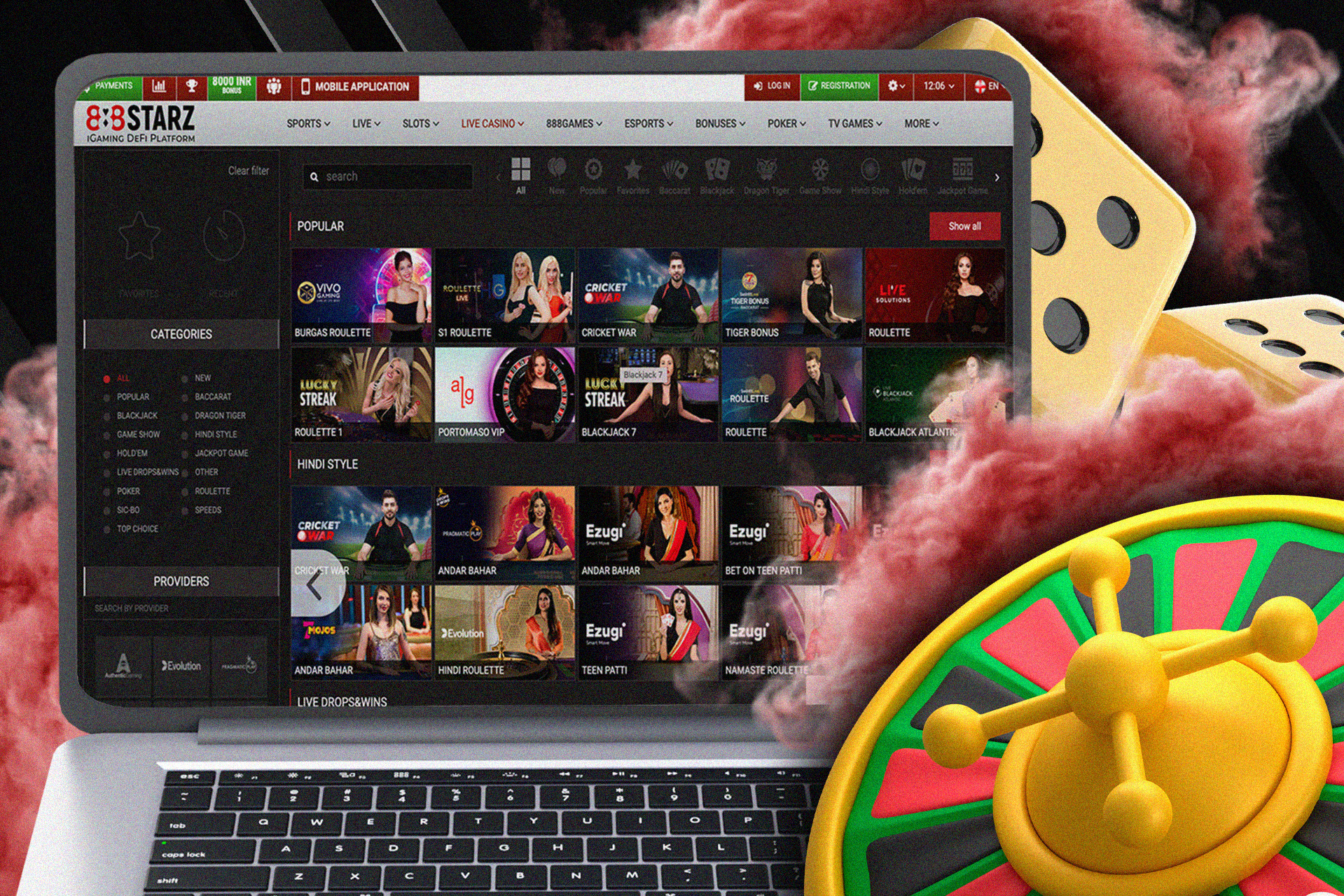 Play casino games against the real dealer.