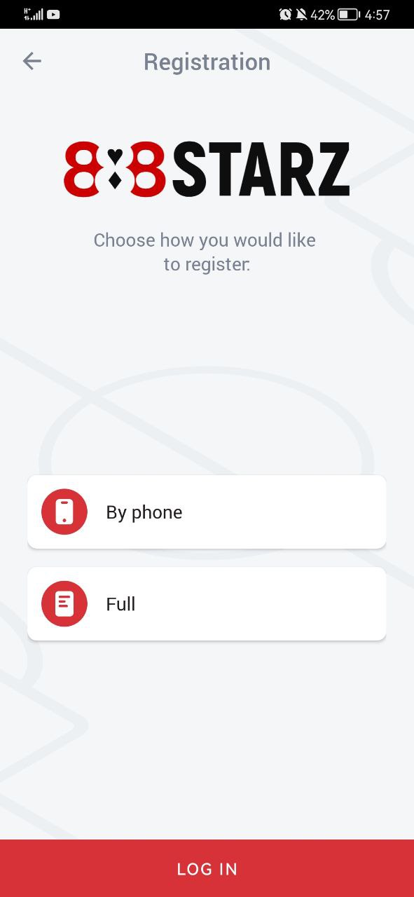 888Starz app registration and login section.