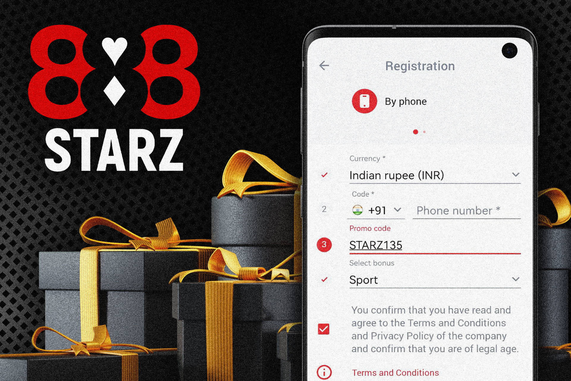 Use a promo code when you sign up at 888Starz to increase your bonus.